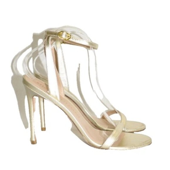 $450 Stuart Weitzman Barelynude 4.5" Platino gold LEATHER NUDIST 9.5 (PB15) - Picture 2 of 7